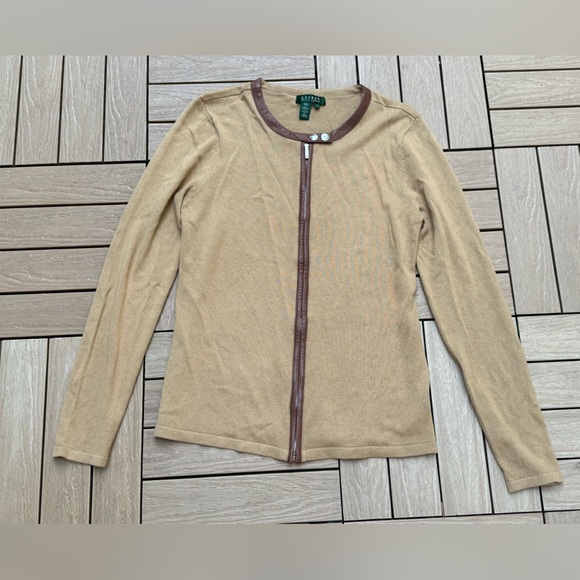 Lauren Ralph Lauren brown tan zipper cashmere silk jacket cardigan - Picture 8 of 10